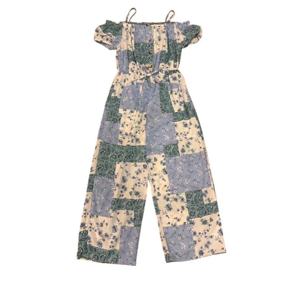 Urban Kids Jumpsuit Medium Patchwork Floral Button Front & Ruffled Sleeves